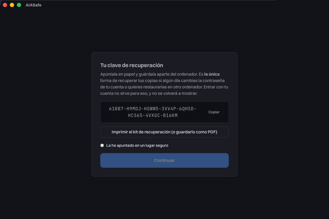 The screen showing the recovery key and the print button